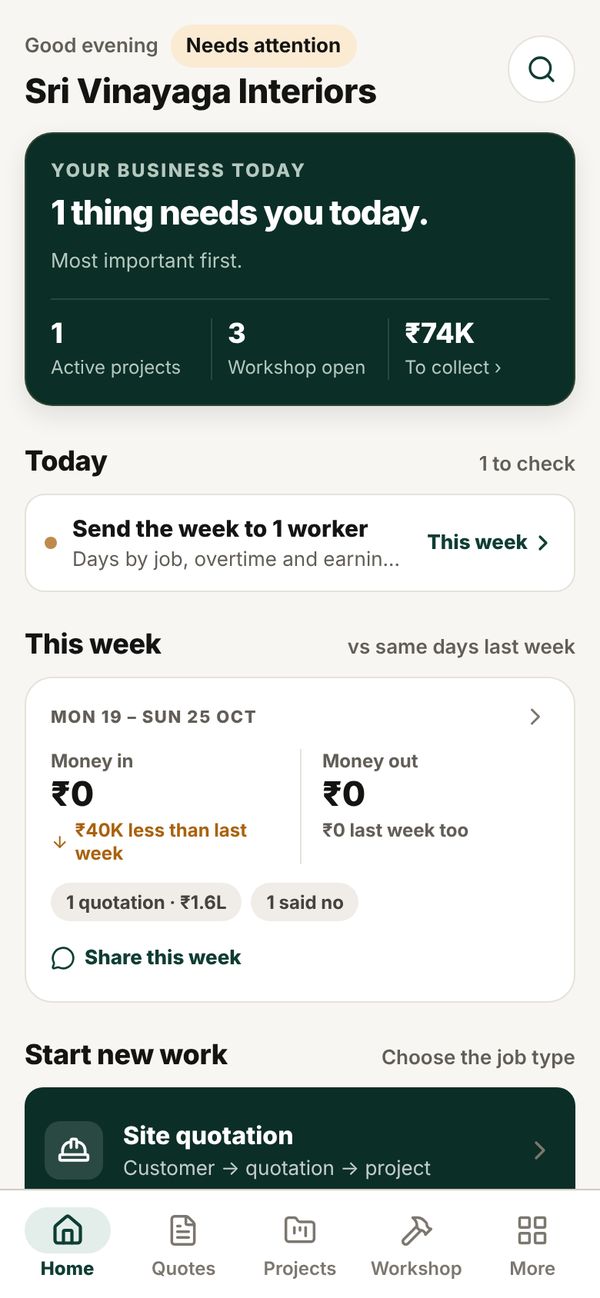 InteriorPro Home screen showing what needs attention today